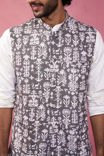 grey nehru jacket set - 3 piece traditional outfit with kurta & pyjama