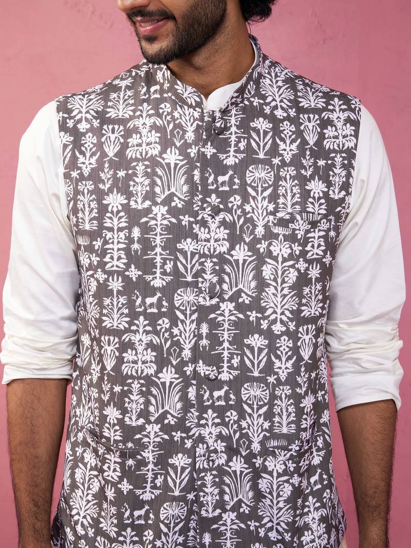 Vastramay men's grey nehru jacket set - 3 piece traditional outfit with kurta & pyjama