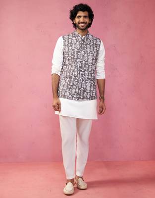 grey nehru jacket set - 3 piece traditional outfit with kurta & pyjama 3