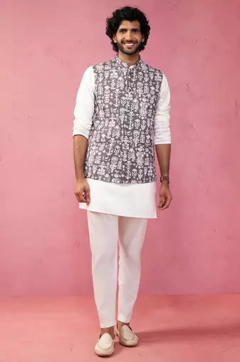 grey nehru jacket set - 3 piece traditional outfit with kurta & pyjama