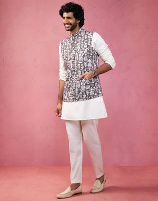 grey nehru jacket set - 3 piece traditional outfit with kurta & pyjama 4