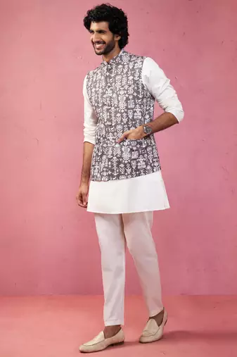 grey nehru jacket set - 3 piece traditional outfit with kurta & pyjama