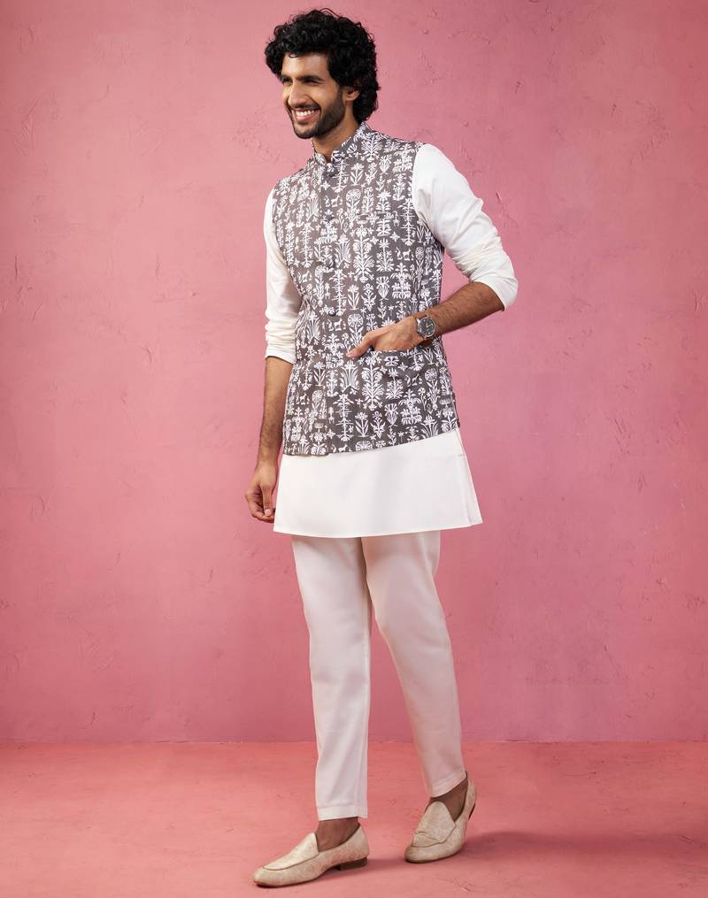 Vastramay men's grey nehru jacket set - 3 piece traditional outfit with kurta & pyjama