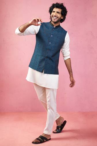 Vastramay turquoise nehru jacket set - premium 3 piece wedding collection