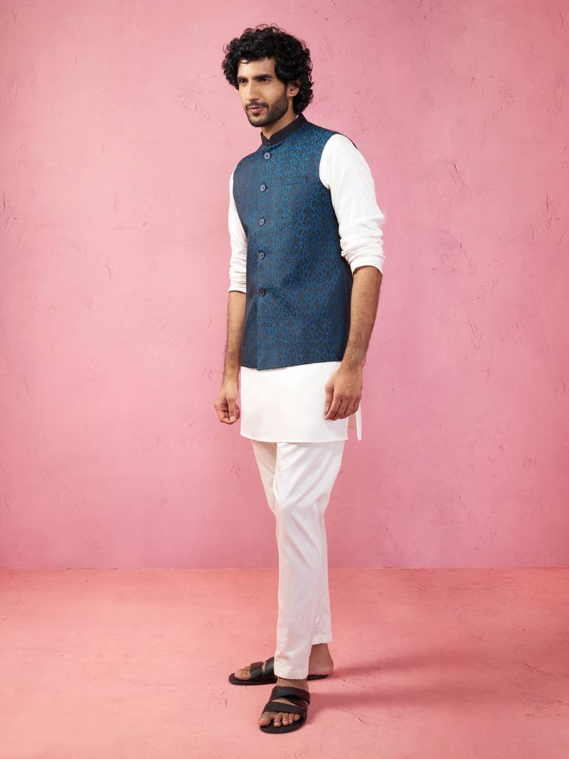 Vastramay men's turquoise nehru jacket set - premium 3 piece wedding collection