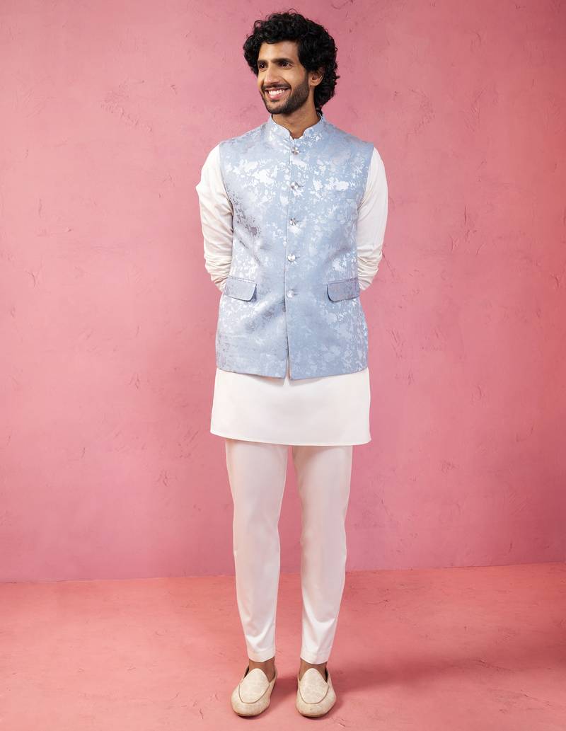 Vastramay men's grey nehru jacket set - designer 3 piece traditional outfit