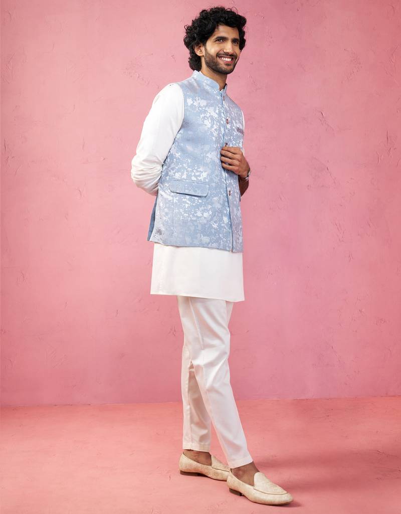 Vastramay men's grey nehru jacket set - designer 3 piece traditional outfit