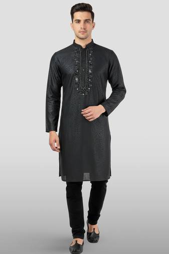 Vastramay men's black embroidered kurta with black pyjama - beaded wedding set