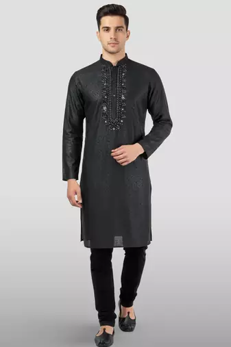 Vastramay men's black embroidered kurta with black pyjama - beaded wedding set