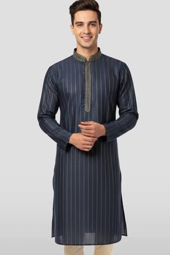 Vastramay men's navy blue nike cotton kurta - thread embroidered wedding summer