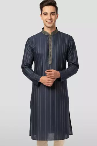 Vastramay men's navy blue nike cotton kurta - thread embroidered wedding summer