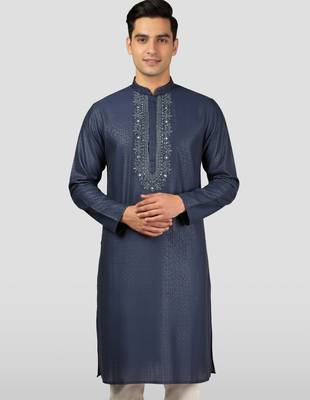 navy blue zudio emboss silk kurta - bead mirror embroidered wedding 1