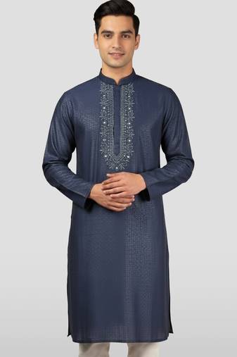 Vastramay men's navy blue zudio emboss silk kurta - bead mirror embroidered wedding