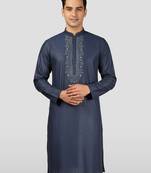 Vastramay navy blue zudio emboss silk kurta - bead mirror embroidered wedding