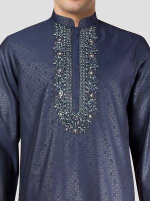 navy blue zudio emboss silk kurta - bead mirror embroidered wedding 2