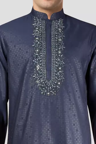 navy blue zudio emboss silk kurta - bead mirror embroidered wedding