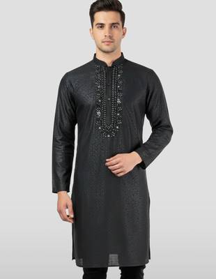 black zudio emboss silk kurta - bead mirror embroidered wedding ethnic 1