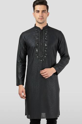 Vastramay men's black zudio emboss silk kurta - bead mirror embroidered wedding ethnic
