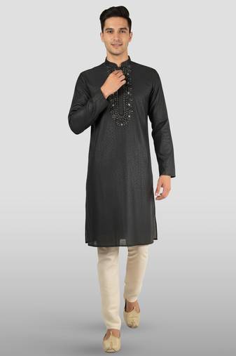 Vastramay men's black embroidered kurta with cream pyjama - beaded wedding set