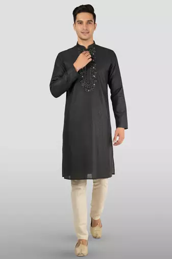 Vastramay men's black embroidered kurta with cream pyjama - beaded wedding set
