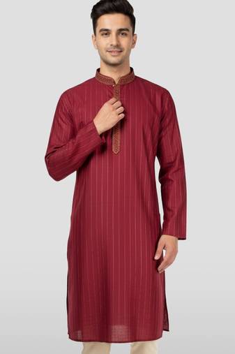 Vastramay men's maroon nike cotton kurta - thread embroidered wedding summer ethnic