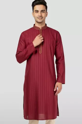 Vastramay men's maroon nike cotton kurta - thread embroidered wedding summer ethnic