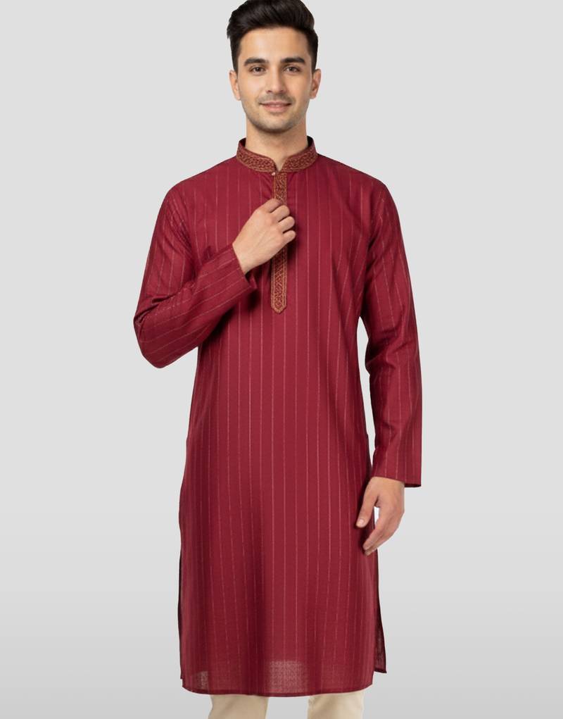Vastramay men's maroon nike cotton kurta - thread embroidered wedding summer ethnic