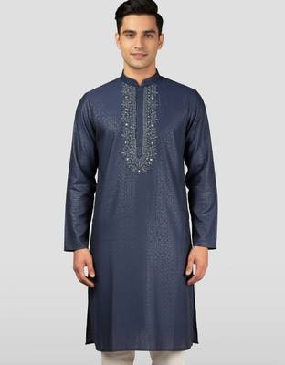 navy blue zudio emboss silk kurta - bead mirror embroidered wedding 3