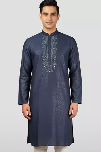 navy blue zudio emboss silk kurta - bead mirror embroidered wedding