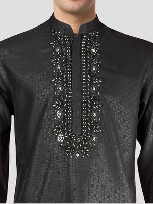 black zudio emboss silk kurta - bead mirror embroidered wedding ethnic 2