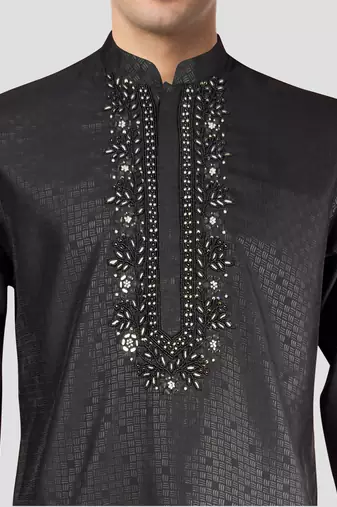 black embroidered kurta with cream pyjama - beaded wedding set