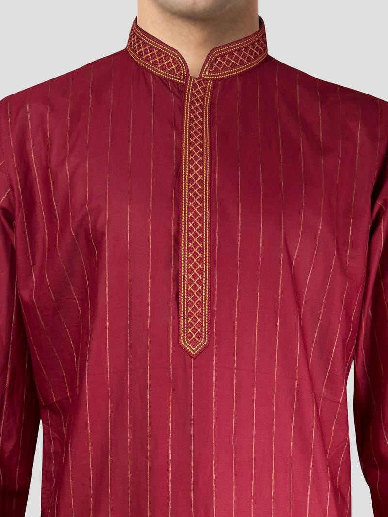 Vastramay men's maroon nike cotton kurta - thread embroidered wedding summer ethnic