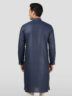 navy blue zudio emboss silk kurta - bead mirror embroidered wedding 4