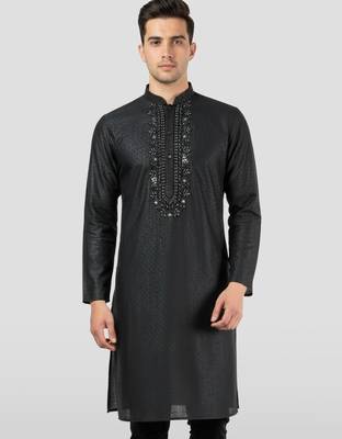 black zudio emboss silk kurta - bead mirror embroidered wedding ethnic 3