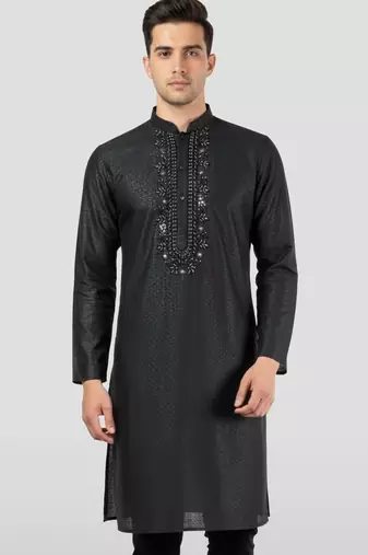 black zudio emboss silk kurta - bead mirror embroidered wedding ethnic