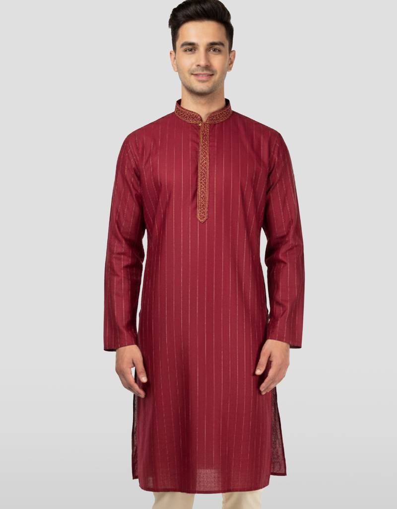 Vastramay men's maroon nike cotton kurta - thread embroidered wedding summer ethnic