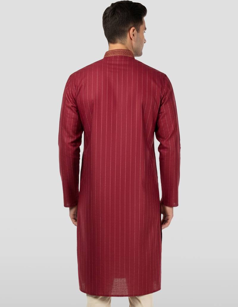 Vastramay men's maroon nike cotton kurta - thread embroidered wedding summer ethnic