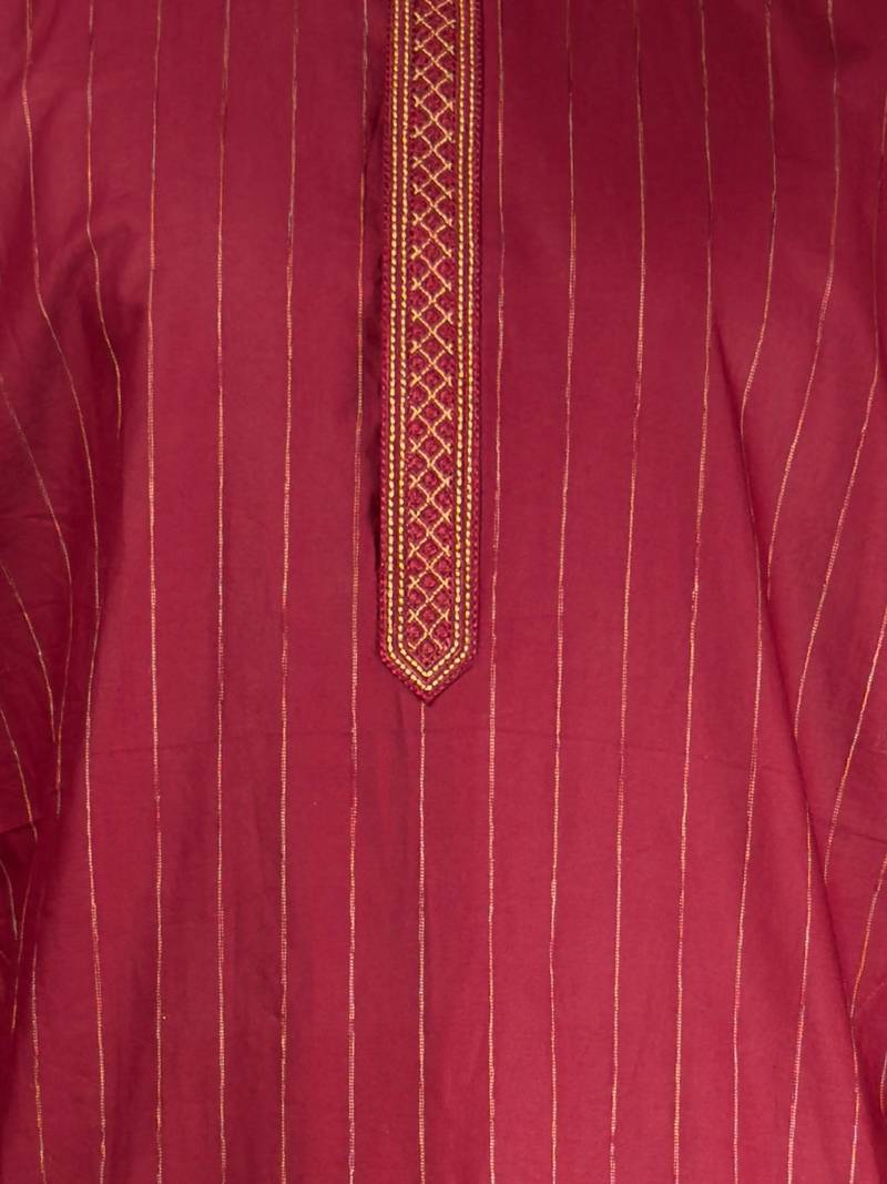 Vastramay men's maroon nike cotton kurta - thread embroidered wedding summer ethnic