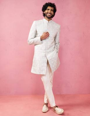 grey jacquard indo-western kurta with cream trousers - modern ethnic set 1