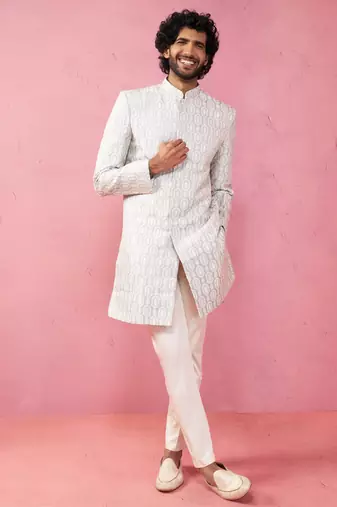 Vastramay grey jacquard indo-western kurta with cream trousers - modern ethnic set