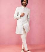 Vastramay grey jacquard indo-western kurta with cream trousers - modern ethnic set