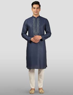 navy blue embroidered kurta with cream pyjama - beaded wedding set 1