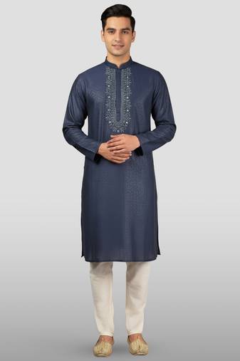 Vastramay men's navy blue embroidered kurta with cream pyjama - beaded wedding set