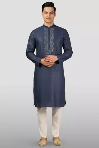 Vastramay men's navy blue embroidered kurta with cream pyjama - beaded wedding set