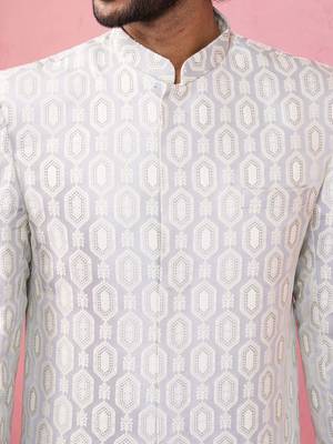 grey jacquard indo-western kurta with cream trousers - modern ethnic set 2