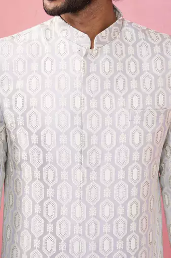 grey jacquard indo-western kurta with cream trousers - modern ethnic set