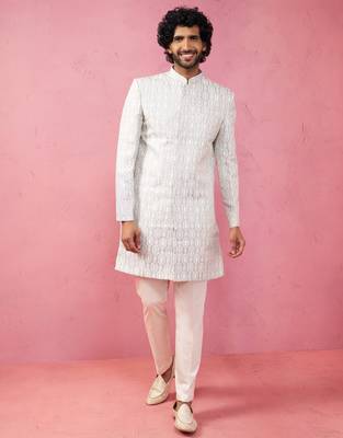 grey jacquard indo-western kurta with cream trousers - modern ethnic set 3