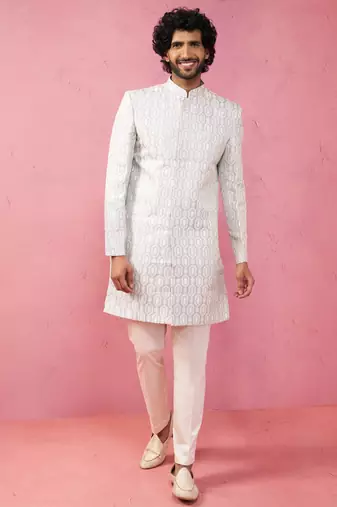 grey jacquard indo-western kurta with cream trousers - modern ethnic set
