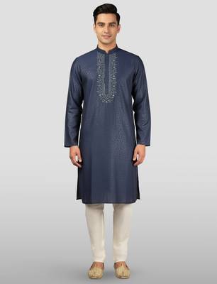 navy blue embroidered kurta with cream pyjama - beaded wedding set 3