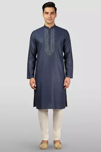 navy blue embroidered kurta with cream pyjama - beaded wedding set